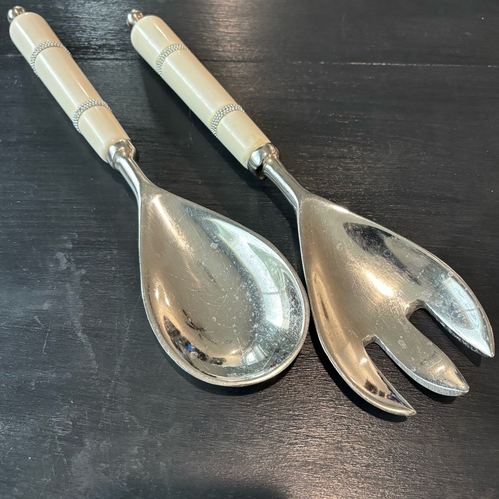 Elegant Silver and Cream Ivory Handle Salad Server Set